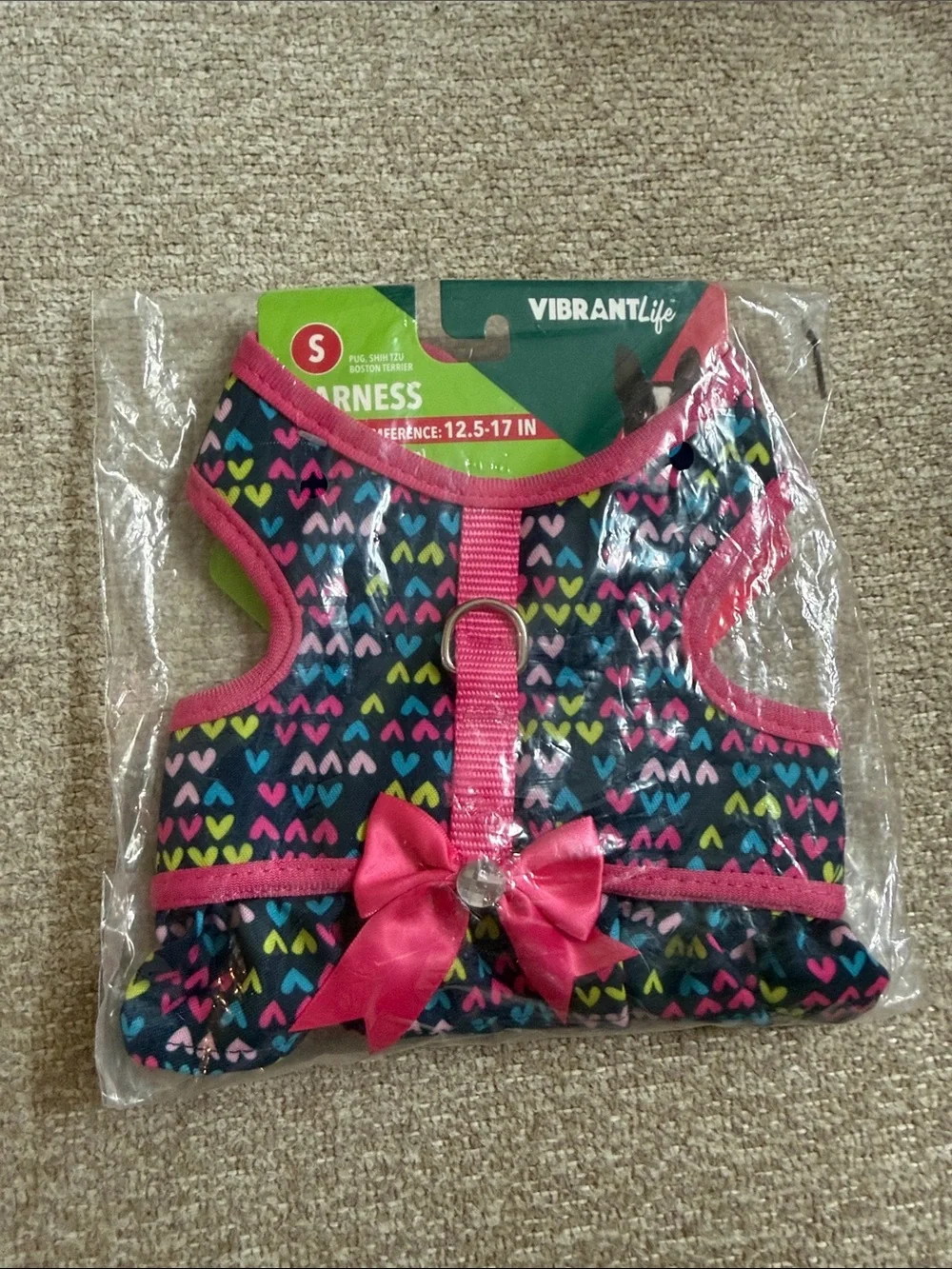 NWT Vibrant Navy Heart Print Kids Harness with Pink Trim and Bow